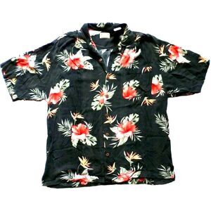 l men bungalow hawaiian shirt black red hibiscus floral rayon pocket camp collar